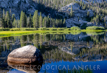 Sierra Nevada mountains reflecting on Huckleberry Lake in the Emigrant Wilderness