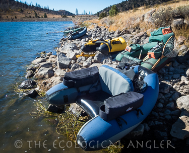 Float tubes line the shore of  Heenan Lake in California.