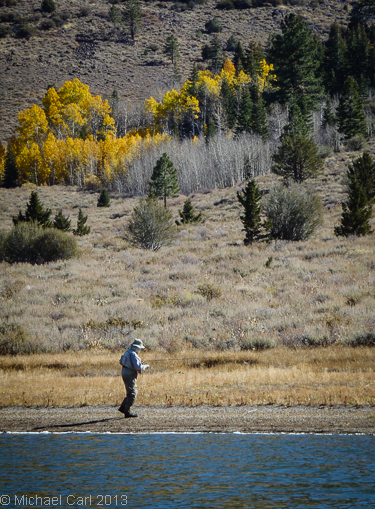 An angler fishes from the shore while the aspens along Heenan Lake change into fall color.