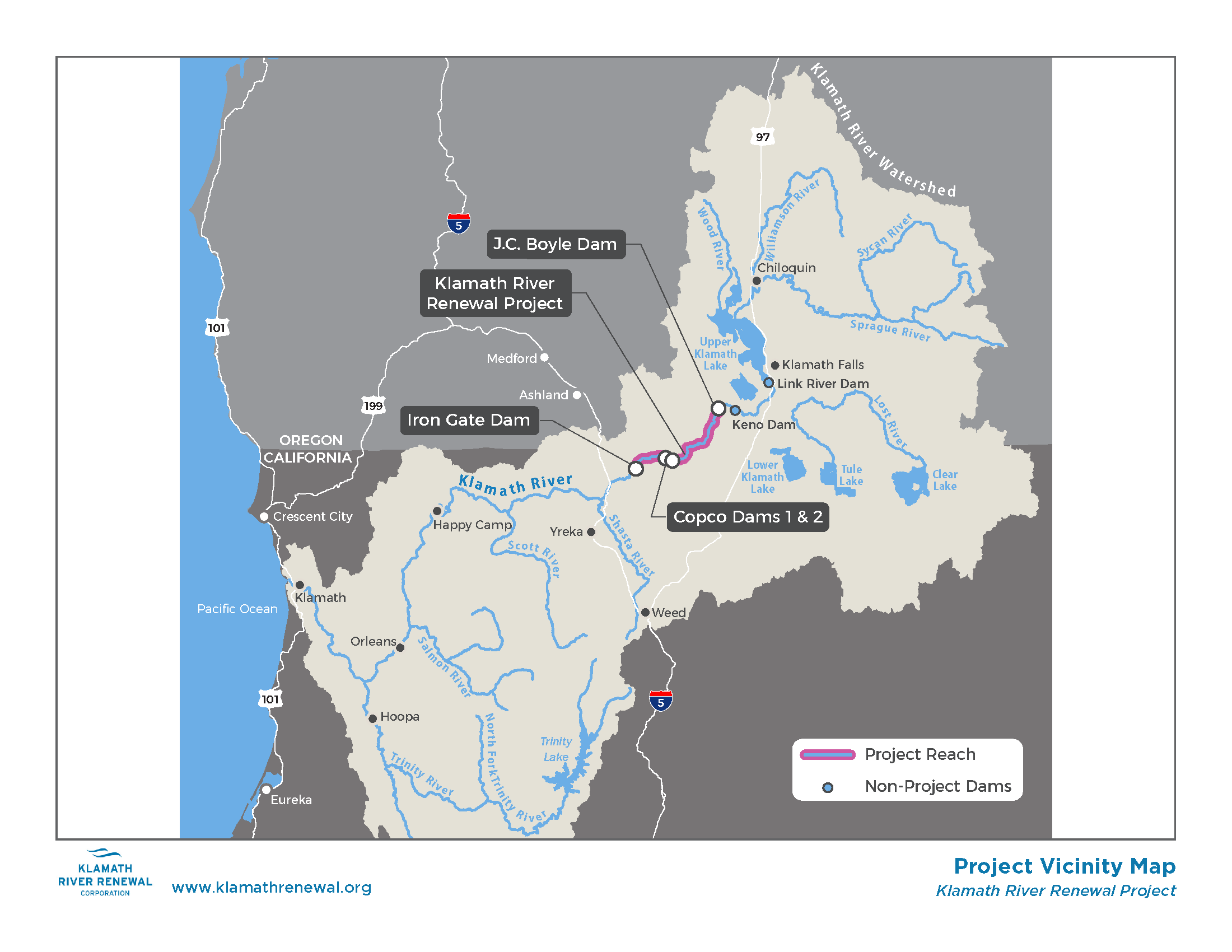 Map of Klamath River showing sites of the four dams to be removed