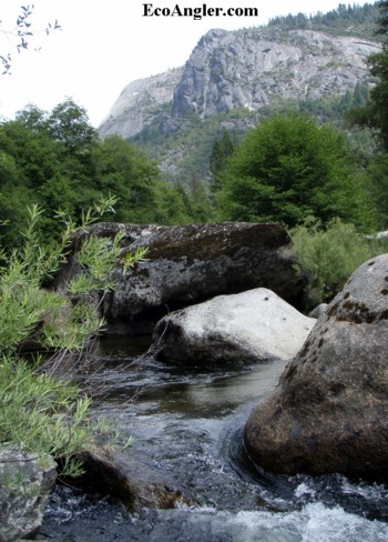 The North Fork of the Mokelumne River flows past Devils Nose Peak.