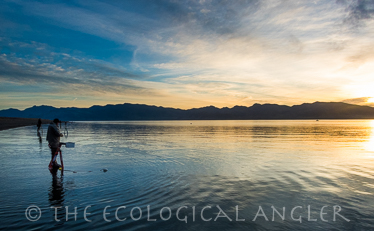 Fisherman on ladders along shore of Pyramid Lake Nevada at dawn's first light
