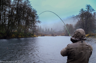 Angler hooks into a large steelhead along the Trinity River