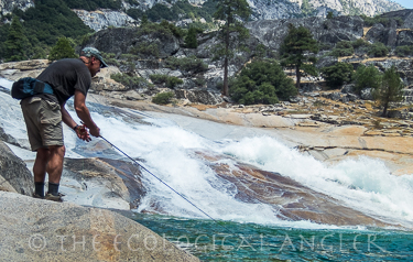 Fly Fishing a pool below a cascade in the Grand Canyon of the Tuolumne River Yosemite
